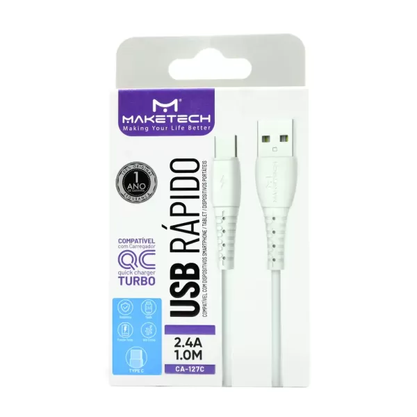 Encontraproduto.com.br - Cabo USB Tipo C Maketech CA 127C Branco 2,4A 1 Metro