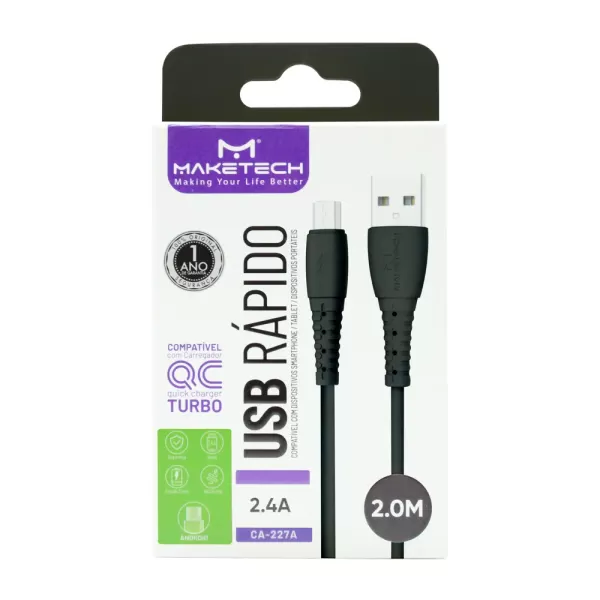 Encontraproduto.com.br - Cabo Micro USB Maketech CA 227A Preto 2.4A 2 Metro