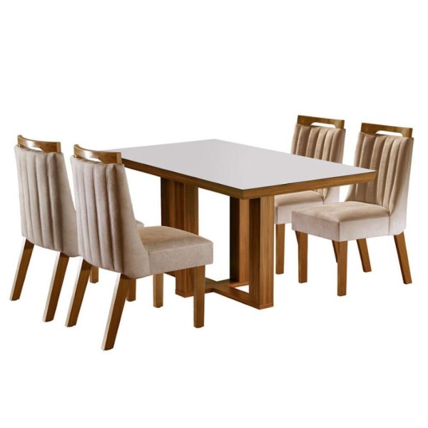 Encontraproduto.com.br - Mesa Lottus Com Tampo Em Mdf E Vidro Com 4 Cadeiras Shopkasa Cinamomo/off White/bege