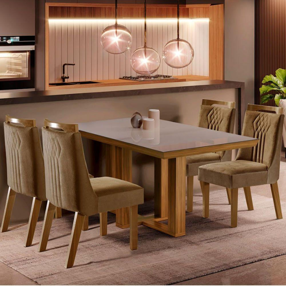 Conjunto Sala De Jantar Mesa Lottus Com Tampo Mdf E Vidro Com 4 Cadeiras Dallas Shopkasa Cinamomo/off White/caramelo