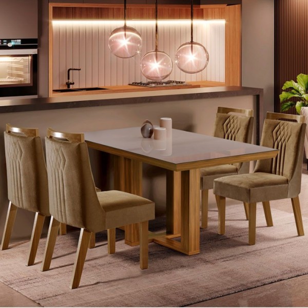 Conjunto Sala De Jantar Mesa Lottus Com Tampo Mdf E Vidro Com 4 Cadeiras Dallas Shopkasa Cinamomo/off White/caramelo