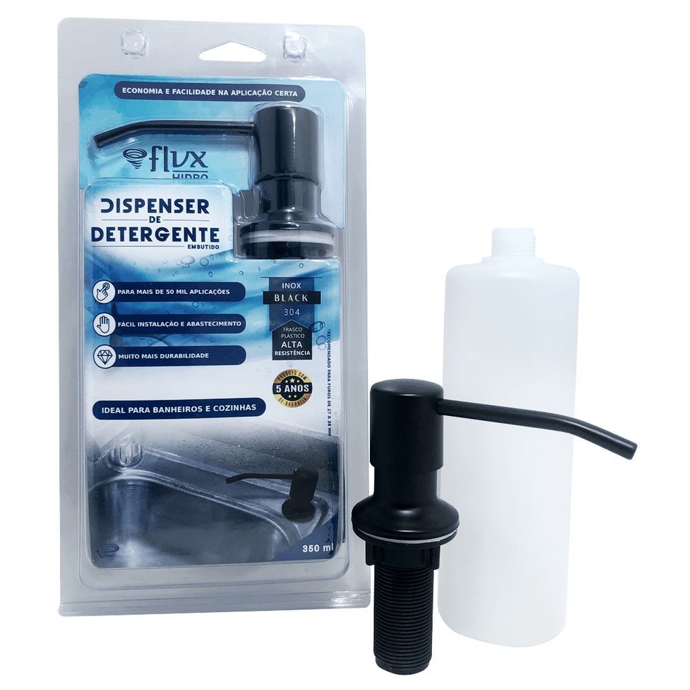 Encontraproduto.com.br - Dispenser Para Detergente Flvx Hidro Embutir Inox 350ml Preto