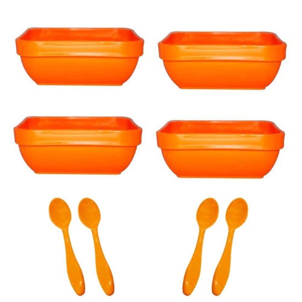 Encontraproduto.com.br - Kit Sobremesa Travessa Cheff Com 4 Travessas Cheff 11x11cm + 4 Colheres Laranja Em Polipropileno Linha Tropical Vem