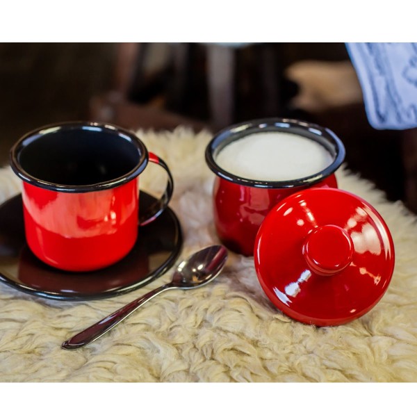 Encontraproduto.com.br - Açucareiro Esmaltado Ágata 239ml Porta Açúcar com Tampa e Alças Laterais Vermelho