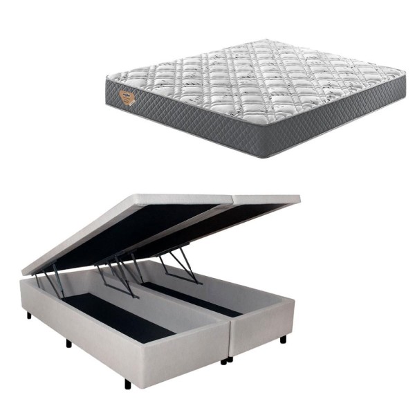 Encontraproduto.com.br - Cama Box Com Baú Queen 158x198 + Colchão Adapto Molas Ensacadas Ecoflex Courino Linho