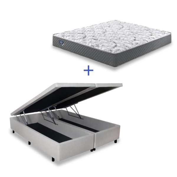 Encontraproduto.com.br - Cama Box Com Baú Queen 158x198 + Colchão Adapto Molas Ensacadas Ecoflex Courino Linho