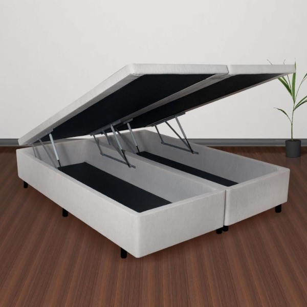Encontraproduto.com.br - Cama Box Com Baú Queen 158x198 + Colchão Adapto Molas Ensacadas Ecoflex Courino Linho