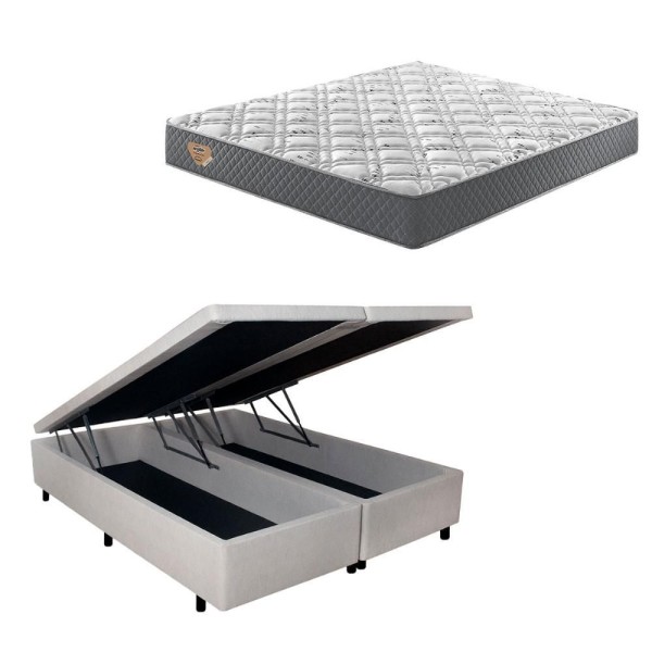 Encontraproduto.com.br - Cama Box Com Baú Queen 158x198 + Colchão Adapto Molas Ensacadas Ecoflex Courino Linho