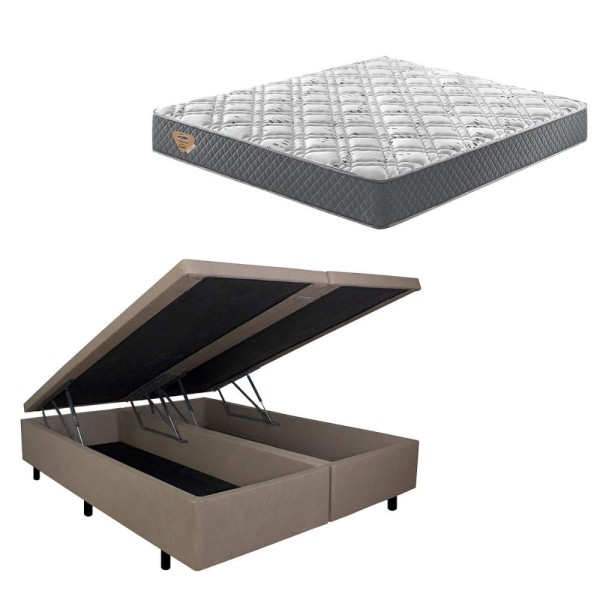 Encontraproduto.com.br - Cama Box Com Baú Queen 158x198 + Colchão Adapto Molas Ensacadas Ecoflex Courino Linho