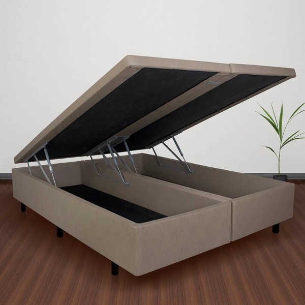 Encontraproduto.com.br - Cama Box Com Baú Queen 158x198 + Colchão Adapto Molas Ensacadas Ecoflex Courino Linho