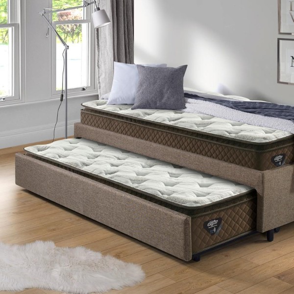 Encontraproduto.com.br - Bicama Box Solteiro Tecido Linho Marrom Com Dois Colchões Molas Ensacadas Comfy Ecoflex