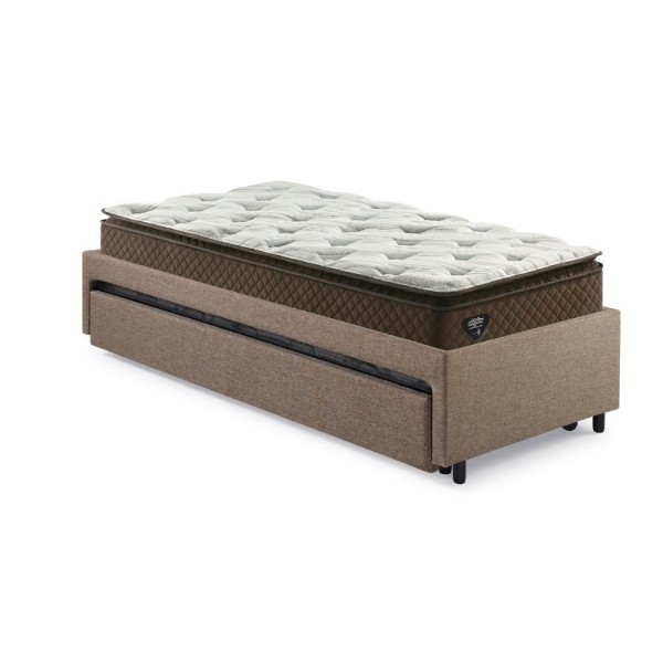 Encontraproduto.com.br - Bicama Box Solteiro Tecido Linho Marrom Com Dois Colchões Molas Ensacadas Comfy Ecoflex