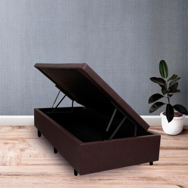 Encontraproduto.com.br - Cama Box Baú Solteirinho 78x188x42cm Courino Linho Marrom Com Pistão A Gás