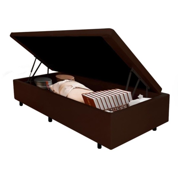 Encontraproduto.com.br - Cama Box Baú Solteirinho 78x188x42cm Linho Marrom Com Pistão A Gás