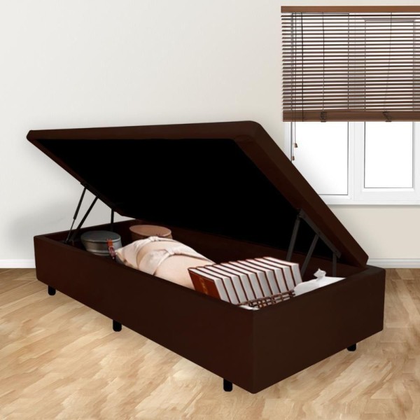 Encontraproduto.com.br - Cama Box Baú Solteirinho 78x188x42cm Linho Marrom Com Pistão A Gás