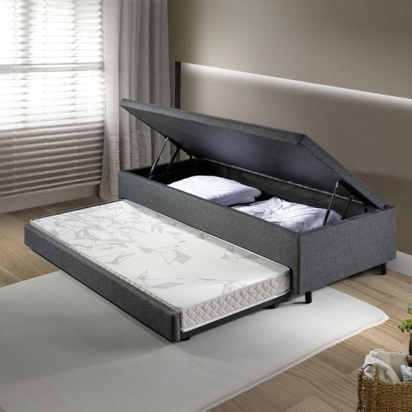 Encontraproduto.com.br - Bicama Box Baú Solteiro Com Colchão Adapto Molas Ensacadas Ecoflex Linho Cinza 88x188