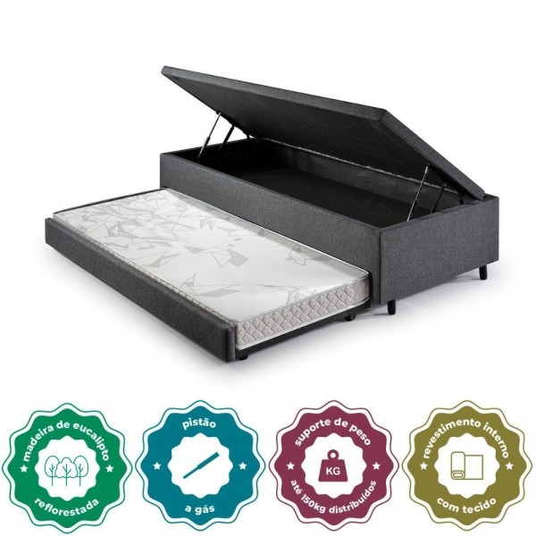 Encontraproduto.com.br - Bicama Box Baú Solteiro Com Colchão Adapto Molas Ensacadas Ecoflex Linho Cinza 88x188