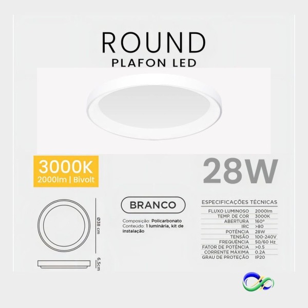 Encontraproduto.com.br - Luminária Plafon Round Led Moderno Redondo 3000k 28w Opus