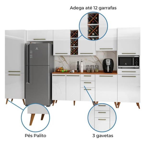 Encontraproduto.com.br - Armário De Cozinha Completa Com Adega 11 Portas 4 Gavetas Favorita Branco/nature Branco Nature