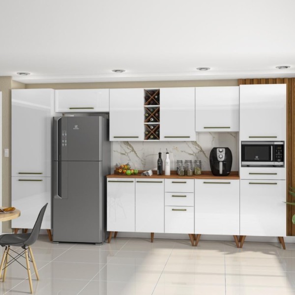 Encontraproduto.com.br - Armário De Cozinha Completa Com Adega 11 Portas 4 Gavetas Favorita Branco/nature Branco Nature