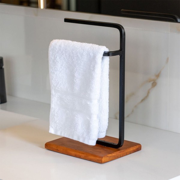 Encontraproduto.com.br - Suporte Porta Toalha De Rosto Duplo Para Bancada De Banheiro Base De Madeira