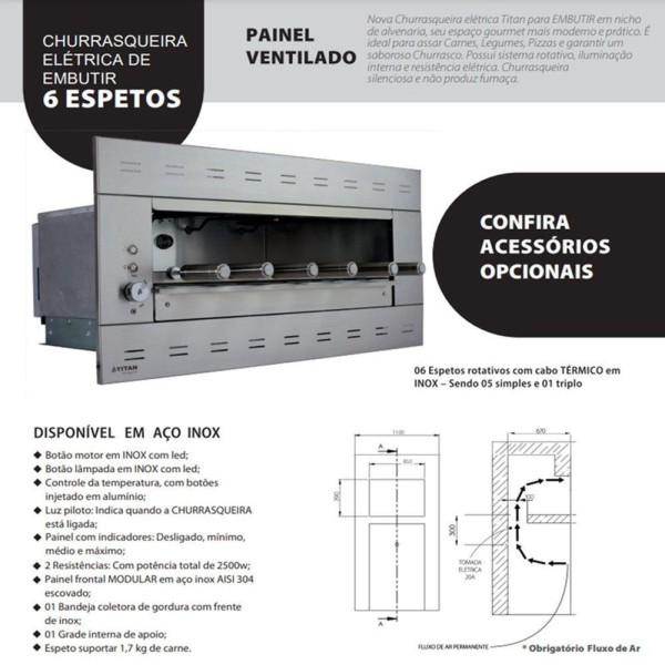 Encontraproduto.com.br - Churrasqueira Elétrica De Embutir 6 Espetos Titan Painel Ventilado Suprema Voltagem:220v