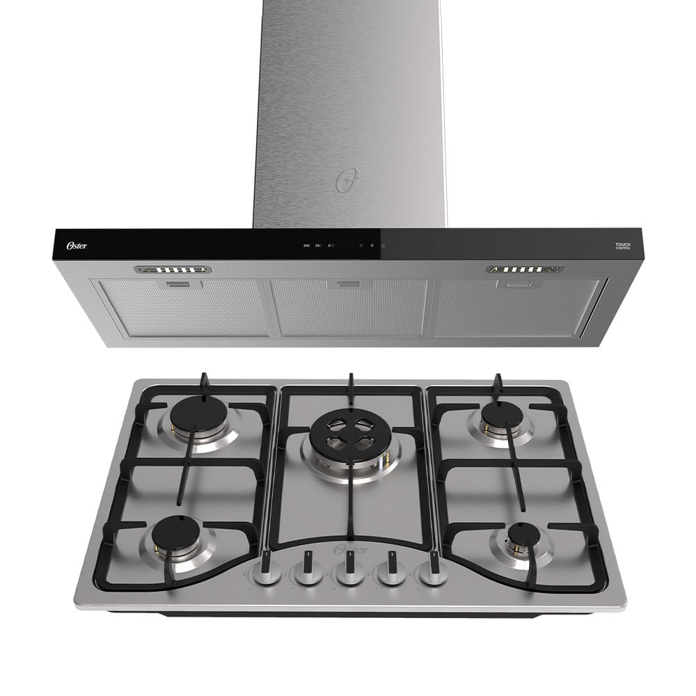 Encontraproduto.com.br - Kit Inox Cooktop A Gás 5 Bocas E Coifa De Ilha 90 Cm Oster 127V