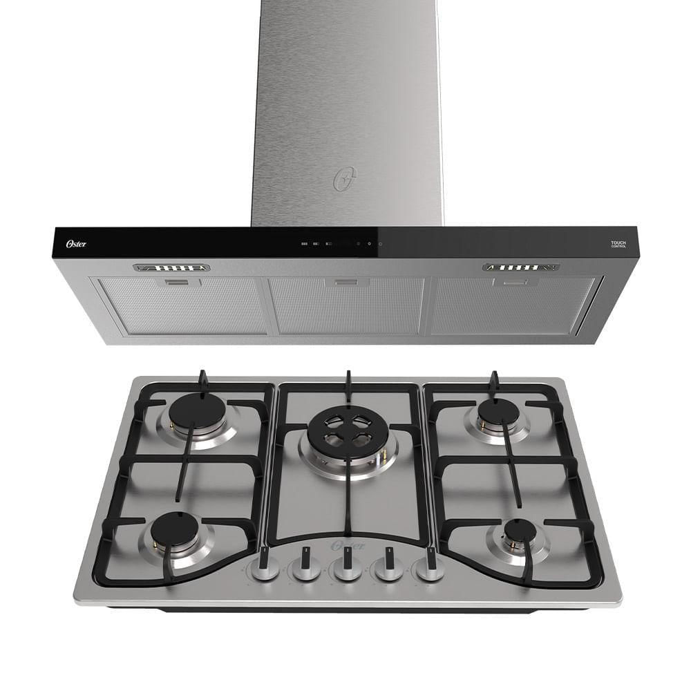 Encontraproduto.com.br - Kit Inox Cooktop A Gás 5 Bocas E Coifa De Ilha 90cm Oster 220V