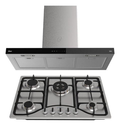 Kit Inox Cooktop A Gás 5 Bocas E Coifa De Ilha 90cm Oster 220V