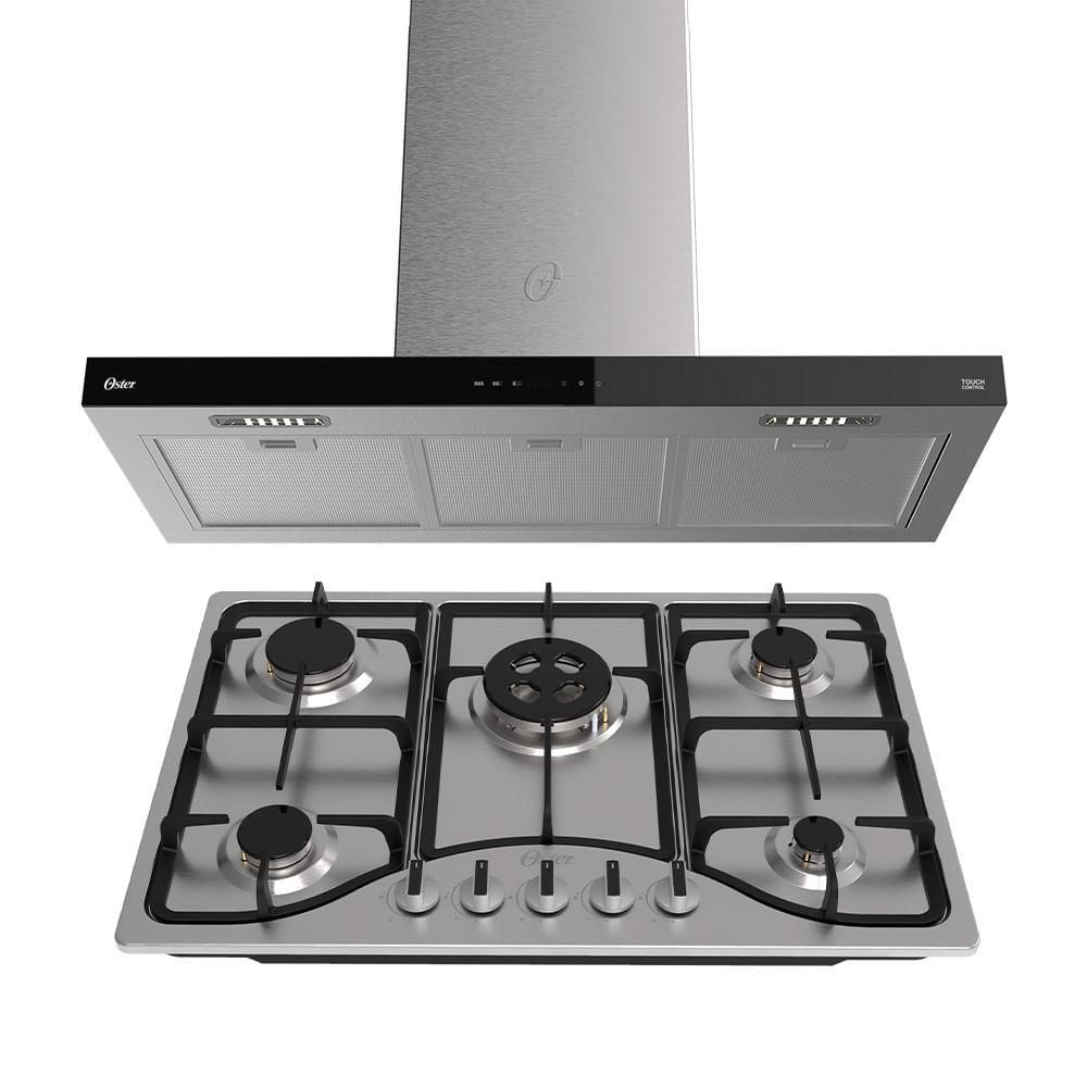 Encontraproduto.com.br - Kit Inox Cooktop A Gás 5 Bocas E Coifa De Ilha 90cm Oster 220V