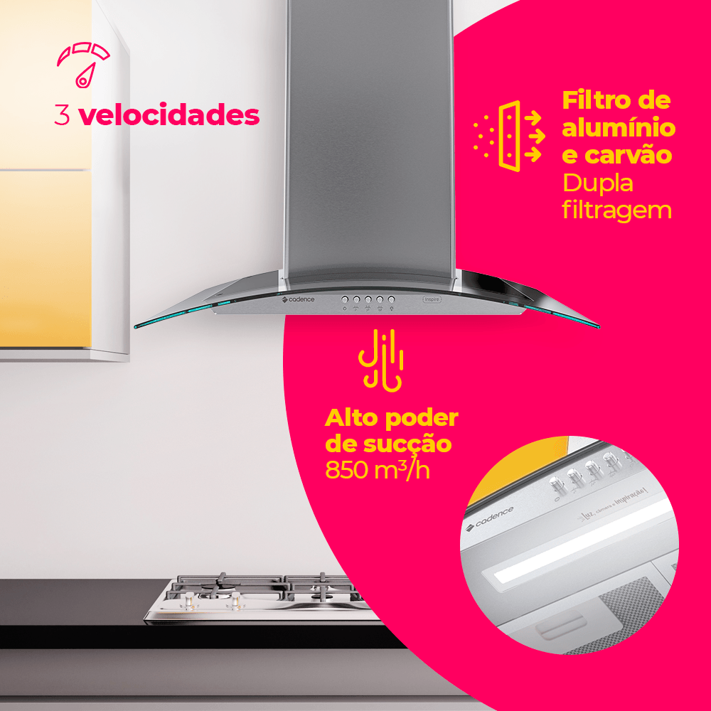 Encontraproduto.com.br - Coifa de Parede Cadence Inspire Vidro Curvo 60cm