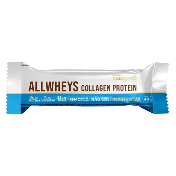 Encontraproduto.com.br - Barra de Proteína Trustfuel Allwheys Collagen 10g de Proteínas Cookies e Cream 40g