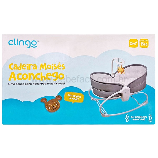 Encontraproduto.com.br - Cadeira Moisés Aconchego com Vibração e Sons Cinza (0-18kg) - Clingo