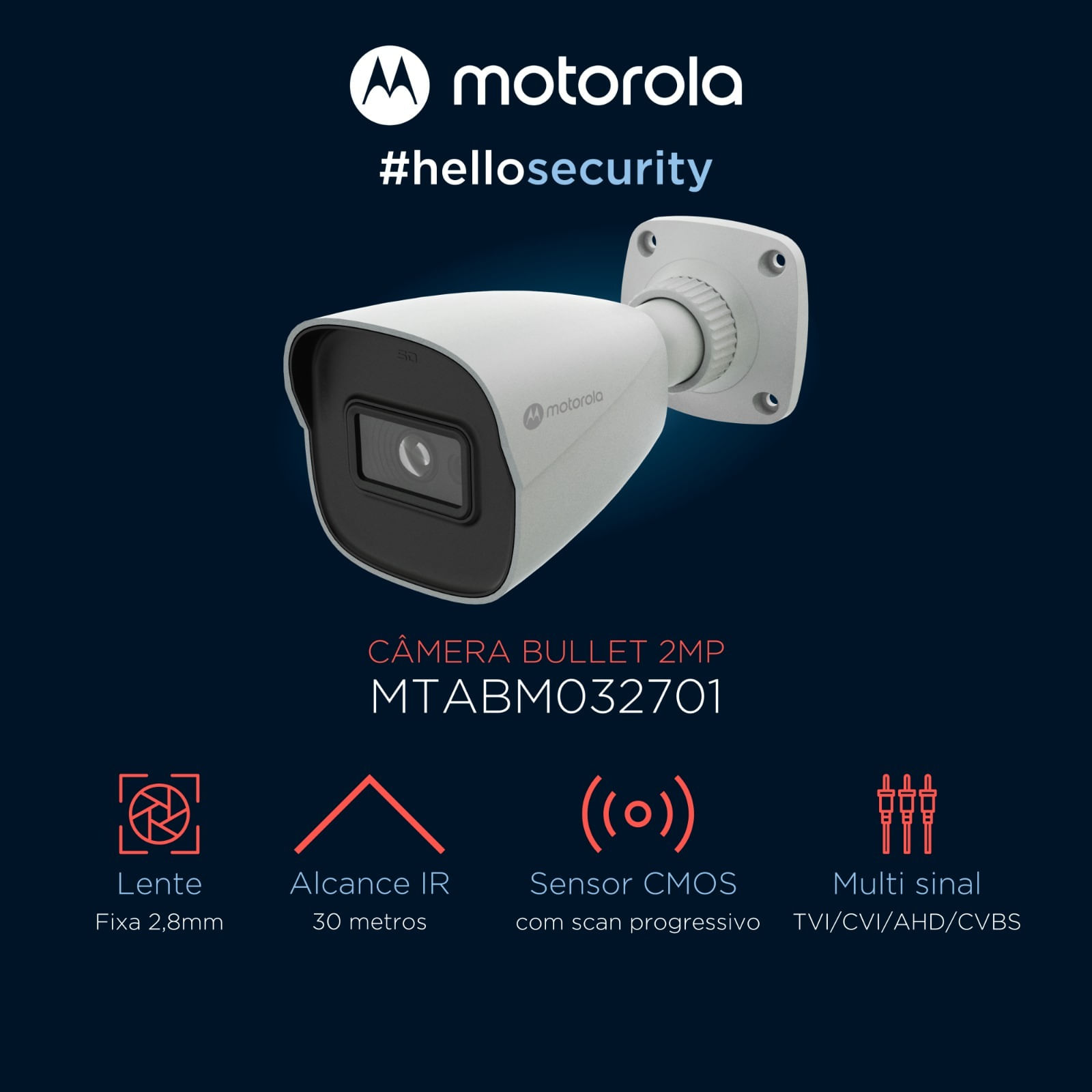 Encontraproduto.com.br - Câmera Analógica Bullet Motorola MTABM032701, 2MP 4x1 1/3 Pol. 2.8MM, IR 30M, Metal, IP67