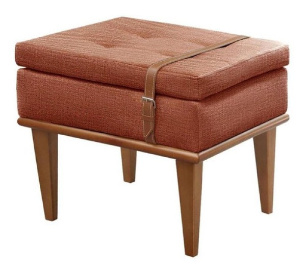 Puff Banqueta Londres Luxo Madeira Maciça Linho Terracota