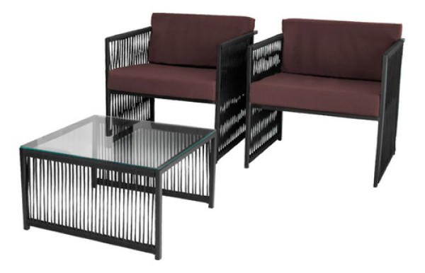 Encontraproduto.com.br - Conjunto de 2 Poltronas e Mesa de Centro Quadrada com Tampo de Vidro Santigo