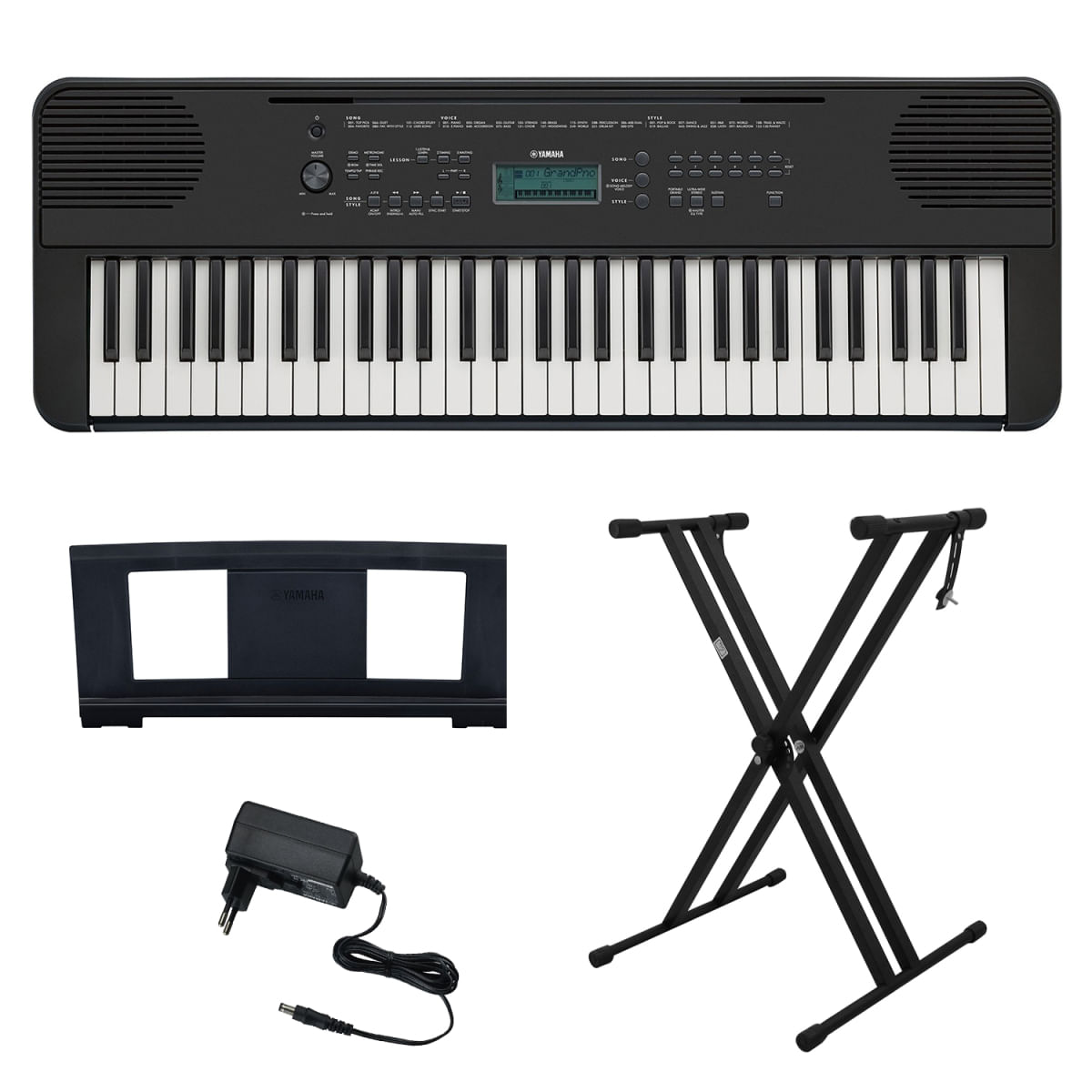 Encontraproduto.com.br - Teclado Arranjador 61 Teclas PSR E360 Preto com Fonte Bivolt Yamaha com suporte em X