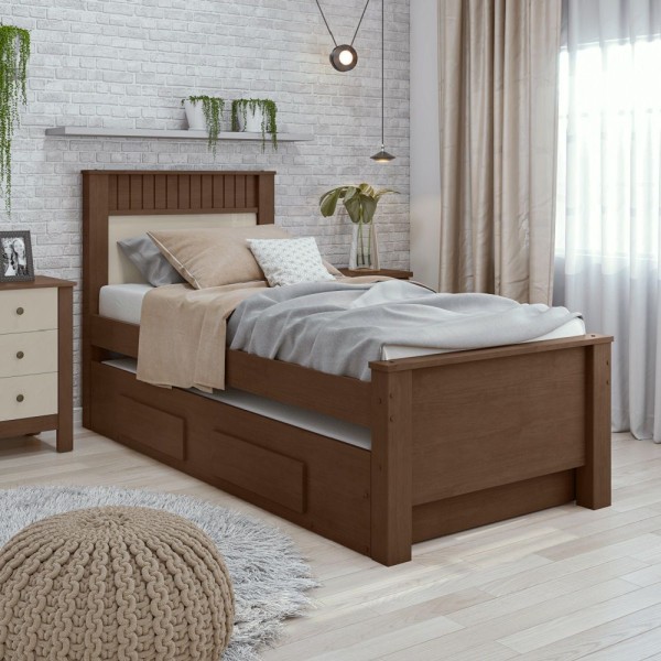 Encontraproduto.com.br - Cama Box Solteiro Com Auxiliar E 2 Gavetas Athenas Lopas Cor:imbuia Clean/off White