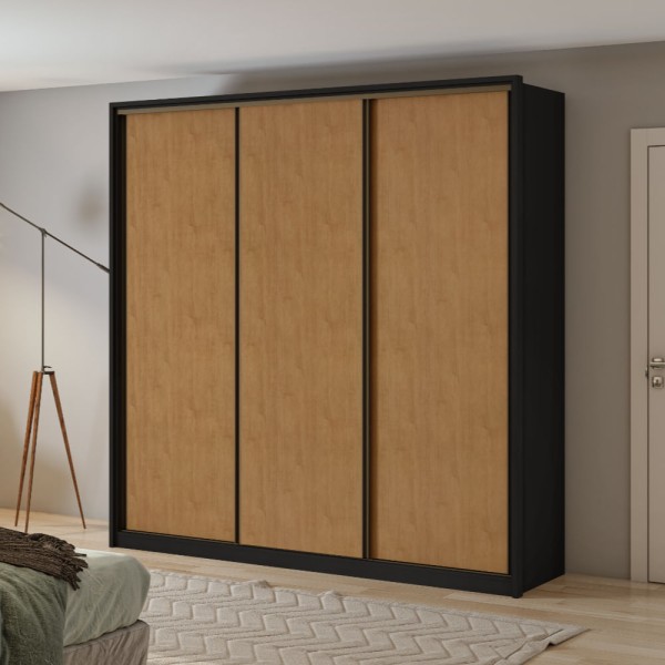 Encontraproduto.com.br - Guarda Roupa Roupeiro Quarto Casal Lopas 3 Portas Spazio 240 cm Preto Fosco Com Marrom Madeira
