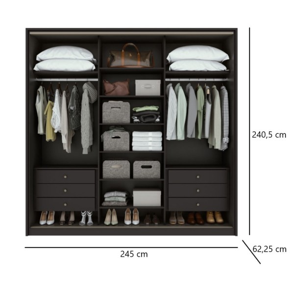 Encontraproduto.com.br - Guarda Roupa Roupeiro Quarto Casal Lopas 3 Portas Spazio 240 cm Preto Fosco Com Marrom Madeira