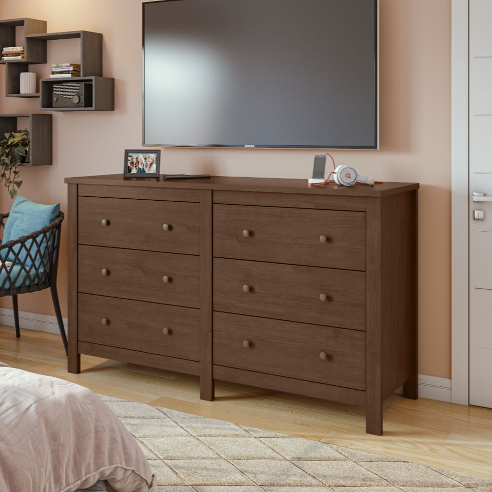 Cômoda Gaveteiro Lopas Quarto Organizador Multiuso Horizontal Com 6 Gavetas Marrom Madeira Escuro