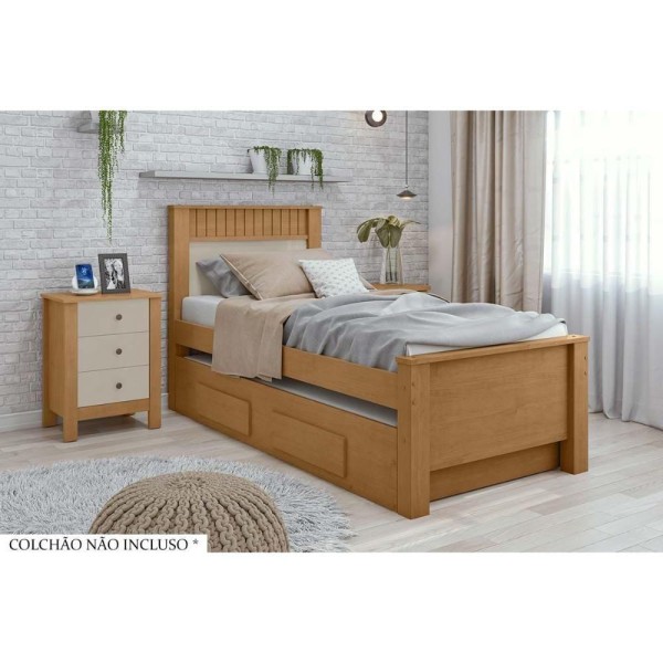 Encontraproduto.com.br - Cama Solteiro Athenas 2 Gavetas C/Auxiliar Rovere/Amêndoa - Lopas