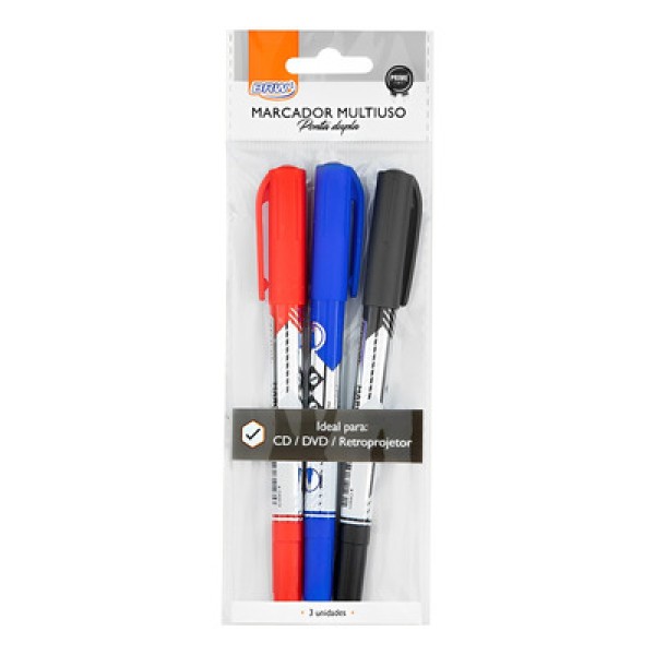 Encontraproduto.com.br - Marcador Permanente BRW Multiuso Ponta Dupla - 3un