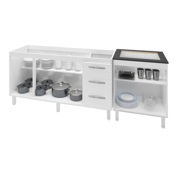 Encontraproduto.com.br - Armário Cozinha Gabinete Pia De 160 Cm Emily Com Balcão Cooktop 4 Bocas Branco Jade