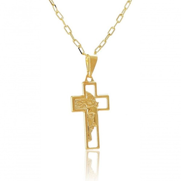 Encontraproduto.com.br - Colar Com Pingente De Cruz E Face De Jesus Folheado Em Ouro 18k [f027]