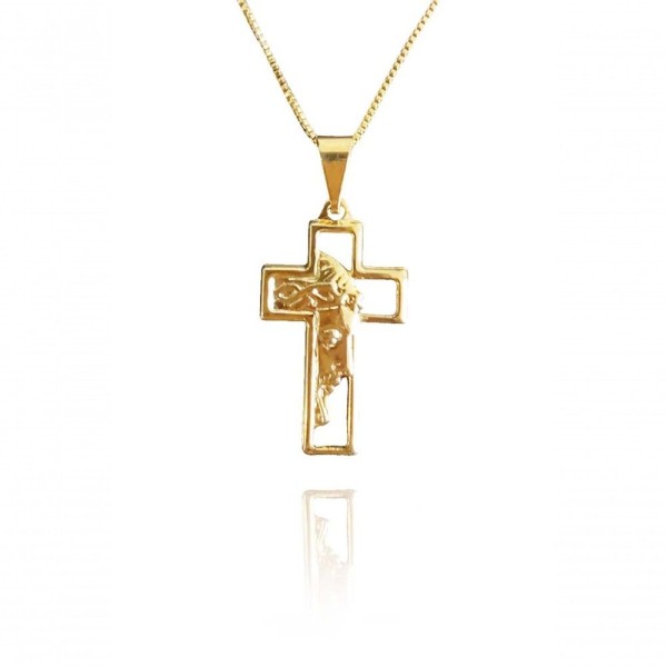 Encontraproduto.com.br - Colar Com Pingente De Cruz E Face De Jesus Folheado Em Ouro 18k [f027]