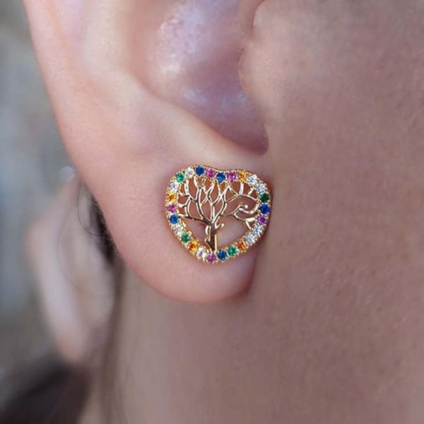 Encontraproduto.com.br - Brinco Coração Com Zirconia Colorida E árvore Da Vida Folheado Em Ouro 18k [f027]