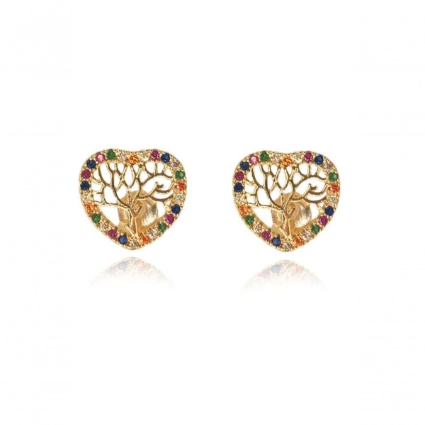 Encontraproduto.com.br - Brinco Coração Com Zirconia Colorida E árvore Da Vida Folheado Em Ouro 18k [f027]