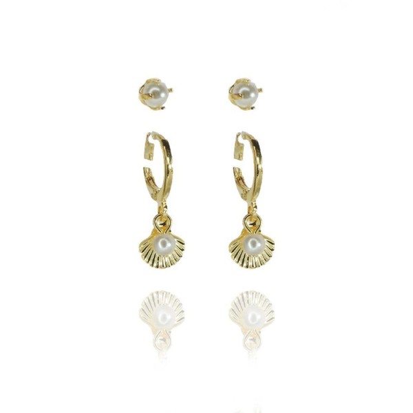 Encontraproduto.com.br - Duo Argolinha De Concha E Pérolas Folheado A Ouro 18K