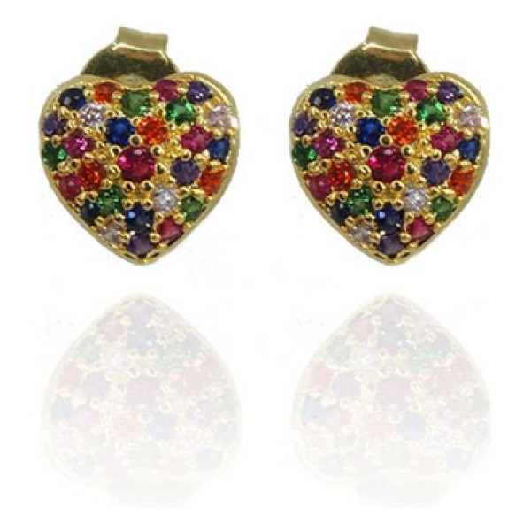 Encontraproduto.com.br - Brinco Pequeno De Coração Com Zircônias Colorido Folheado A Ouro 18k [f027]